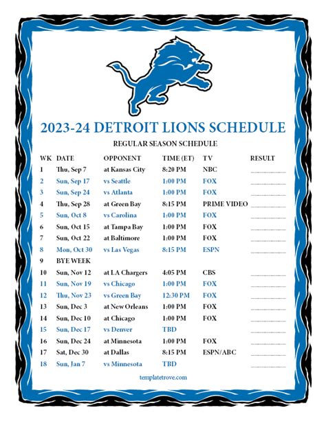 Detroit Lions. Detroit. Lions. ESPN has the full 2019 Detroit Lions Regular Season NFL schedule. Includes game times, TV listings and ticket information for all Lions games. 